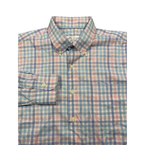 Peter Millar Button Down Men’s Large Blue Multicolor Pastel Gingham Check Shirt - Picture 1 of 8